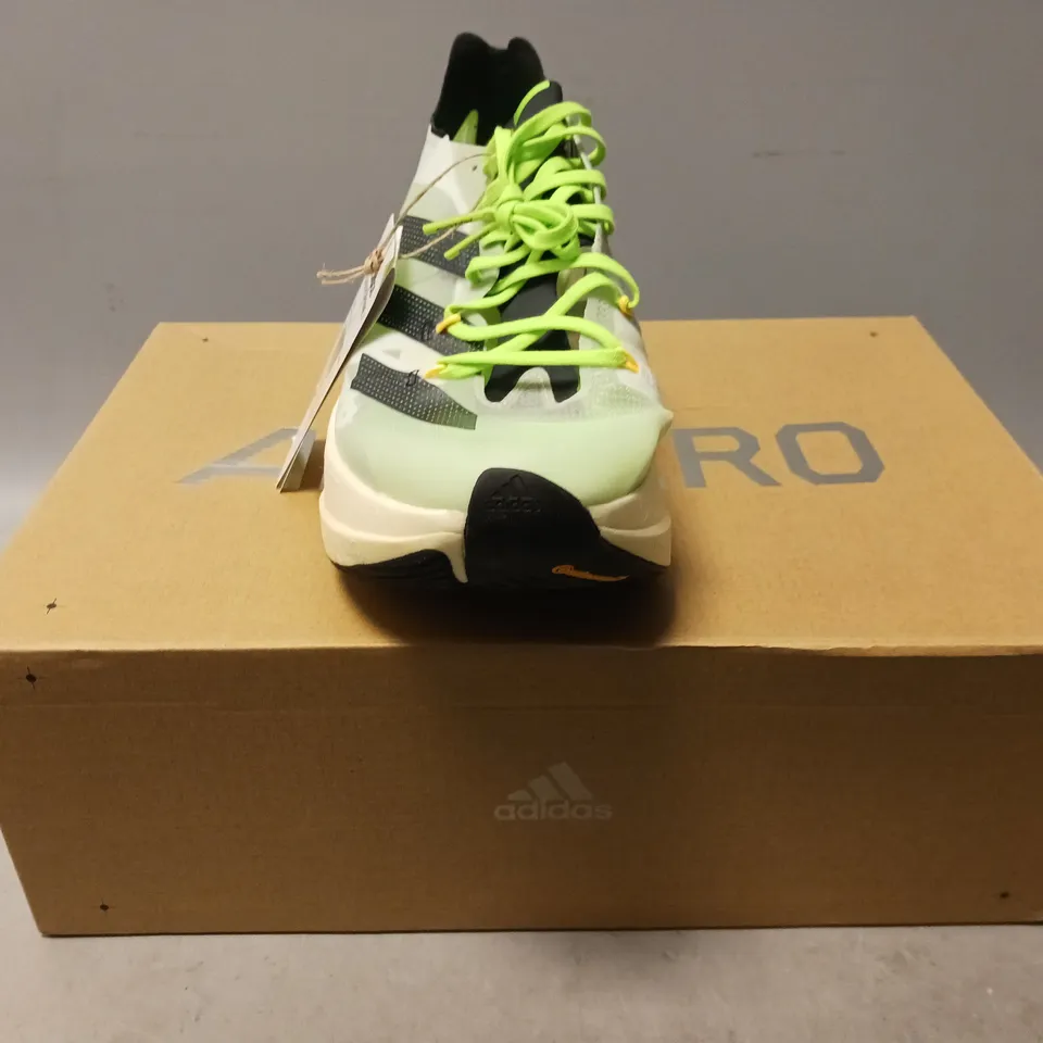 BOXED PAIR OF ADIDAS ADIZERO PRIME X SHOES IN CLEAR/GREEN UK SIZE 10