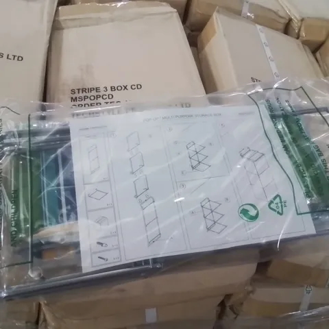 PALLET CONTAINING LARGE QUANTITY OF POP UP MULTI PURPOSE STORAGE BOXES AND DISPLAY CABINET SHELVES