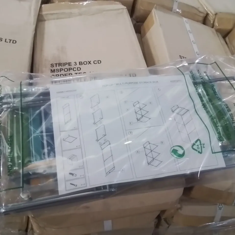 PALLET CONTAINING LARGE QUANTITY OF POP UP MULTI PURPOSE STORAGE BOXES AND DISPLAY CABINET SHELVES