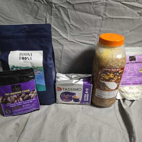 APPROXIMATELY 5 ASSORTED FOOD &DRINK ITEMS TO INCLUDE TUMMY FAT FLUSHER, TASSIMON AND BOONA BOONA  - COLLECTION ONLY