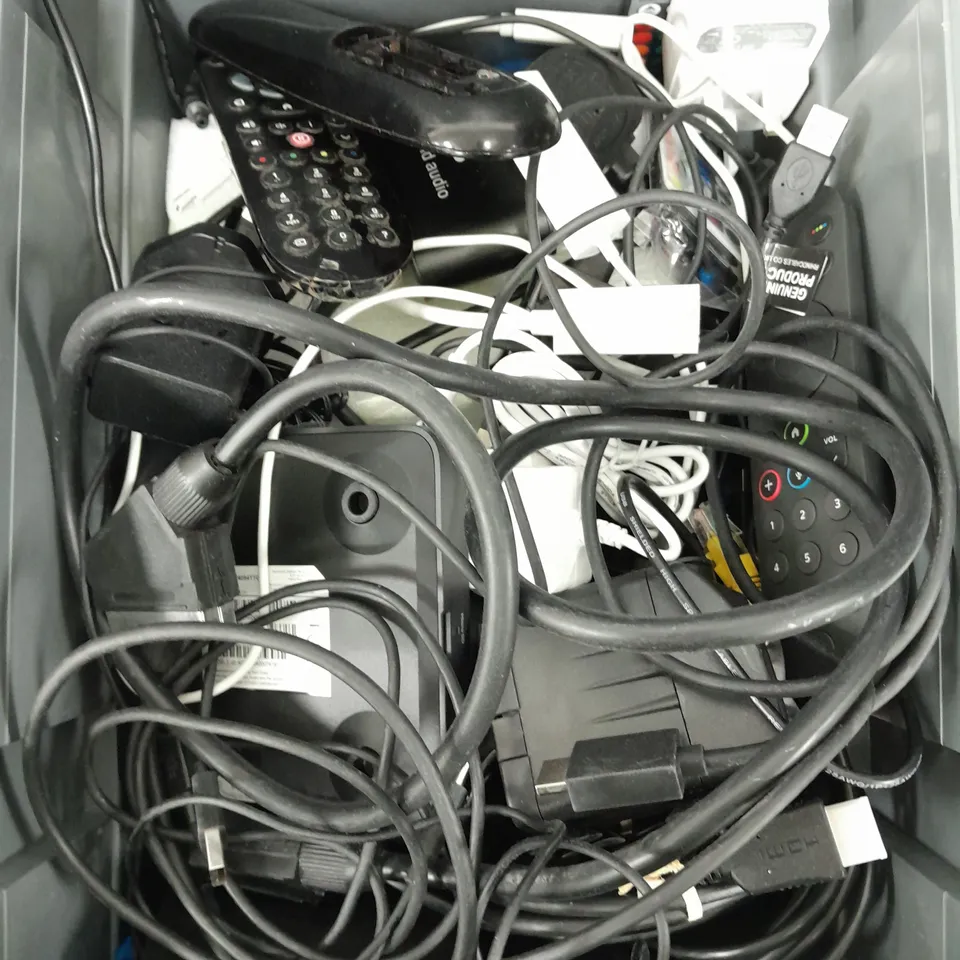 APPROXIMATELY 15 ASSORTED ELECTRICAL PRODUCTS TO INCLUDE REPLACEMENT REMOTES, NETWORK CABLES, A/V CABLES ETC 