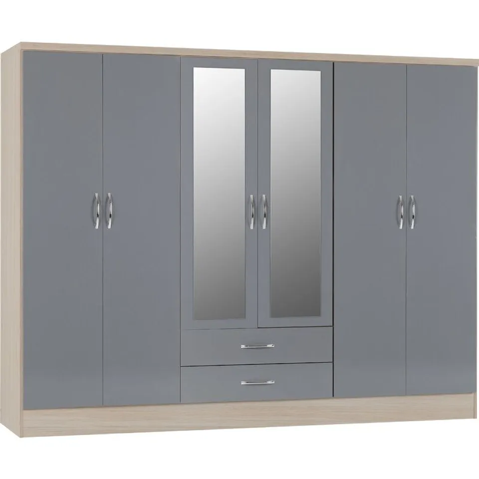 BOXED  RASHEAR 6 DOOR WARDROBE - GREY GLOSS (4 BOXES)