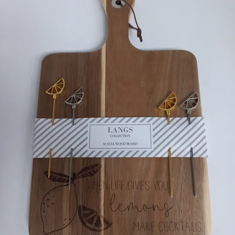 LANGS COLLECTION ACACIA WOOD SERVING BOARD WITH LEMON COCKTAIL PICKS