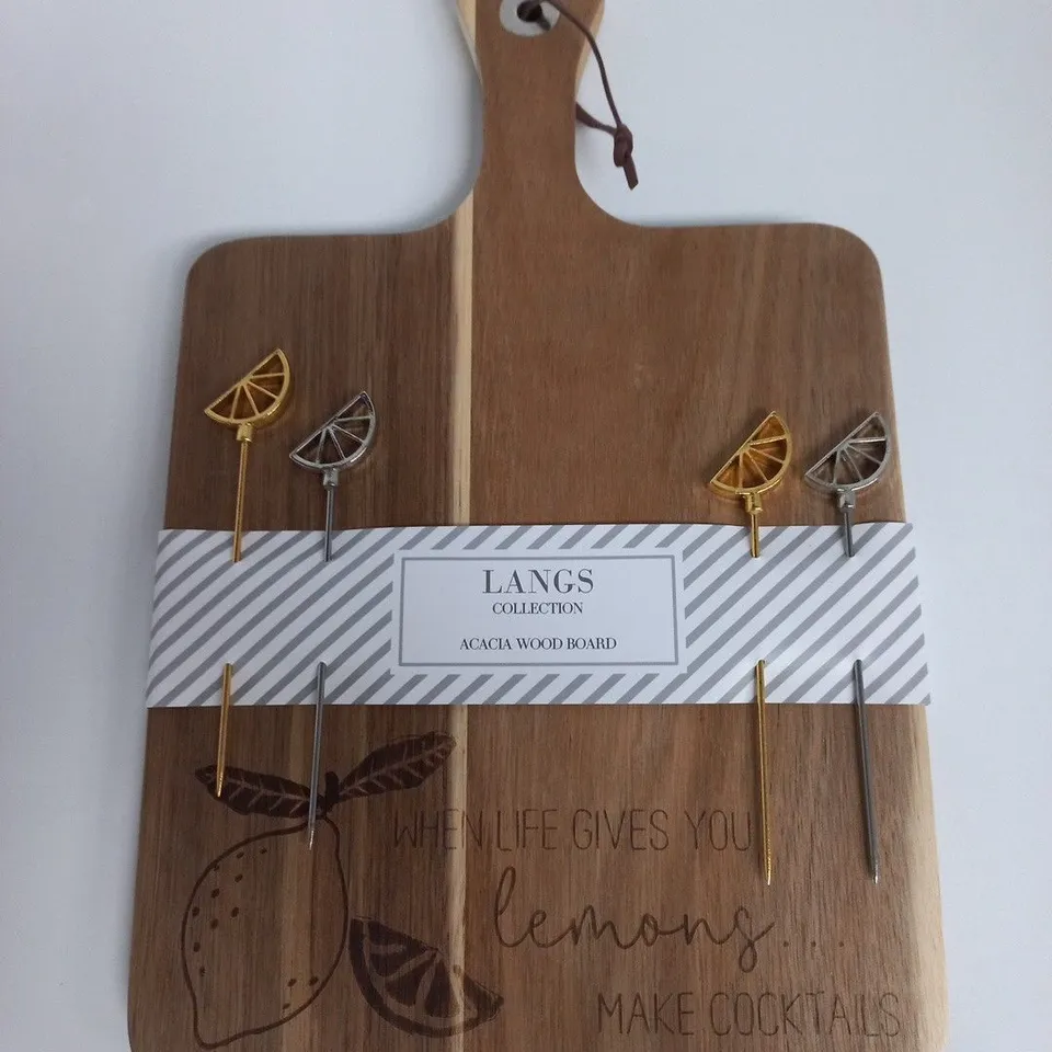 LANGS COLLECTION ACACIA WOOD SERVING BOARD WITH LEMON COCKTAIL PICKS