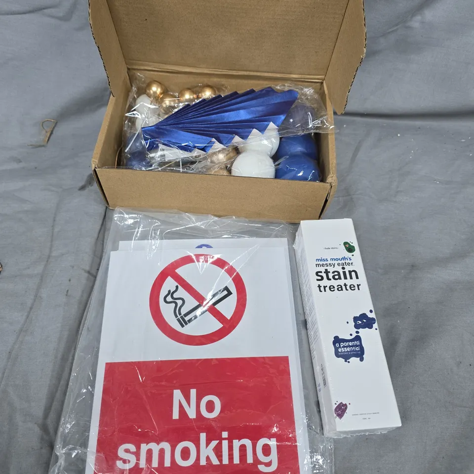 BOX OF ASSORTED ITEMS TO INCLUDE - NO SMOKING - STAIN TREATER - 