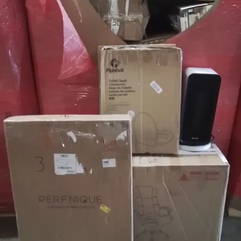 PALLET CONTAINING VARIOUS ASSORTED BOXED HOUSEHOLD ITEMS TO INCLUDE: GARDEN ARCH, RATTAN MIRROR, TOILET SEATS, SMART HEATER, OFFICE CHAIR AND LOTS MORE UNMARKED BOXED ITEMS