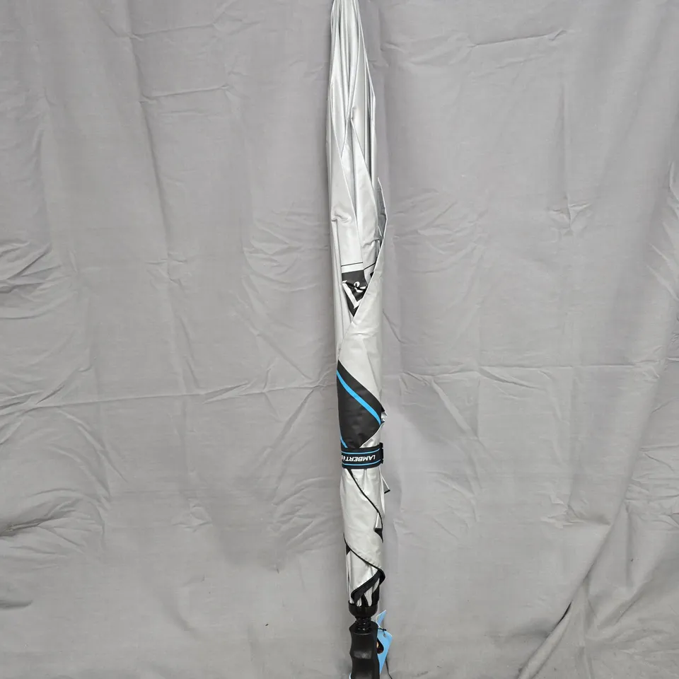 LAMBERT AND BUTLER COMPACT TRAVEL UMBRELLA WITH SLEEVE – GREY/BLACK WITH BLUE TRIM