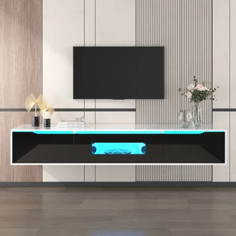 BOXED HIGH-GLOSS TV CABINET WITH LED LIGHTS, MODERN DESIGN, VERSATILE MOUNTING OPTIONS, 180L×35W×30H CM, BLACK