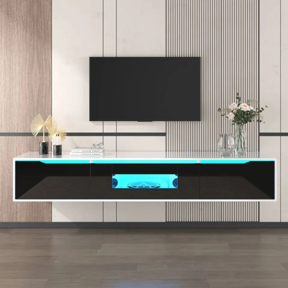 BOXED HIGH-GLOSS TV CABINET WITH LED LIGHTS, MODERN DESIGN, VERSATILE MOUNTING OPTIONS, 180L×35W×30H CM, BLACK