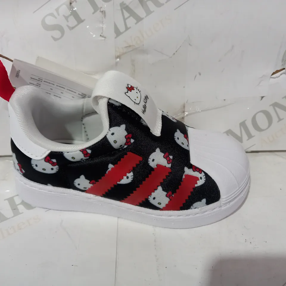 BOXED PAIR OF ADIDAS HELLO KITTY SUPERSTAR 360 I SHOES IN BLACK/RED/WHITE UK SIZE 5.5K