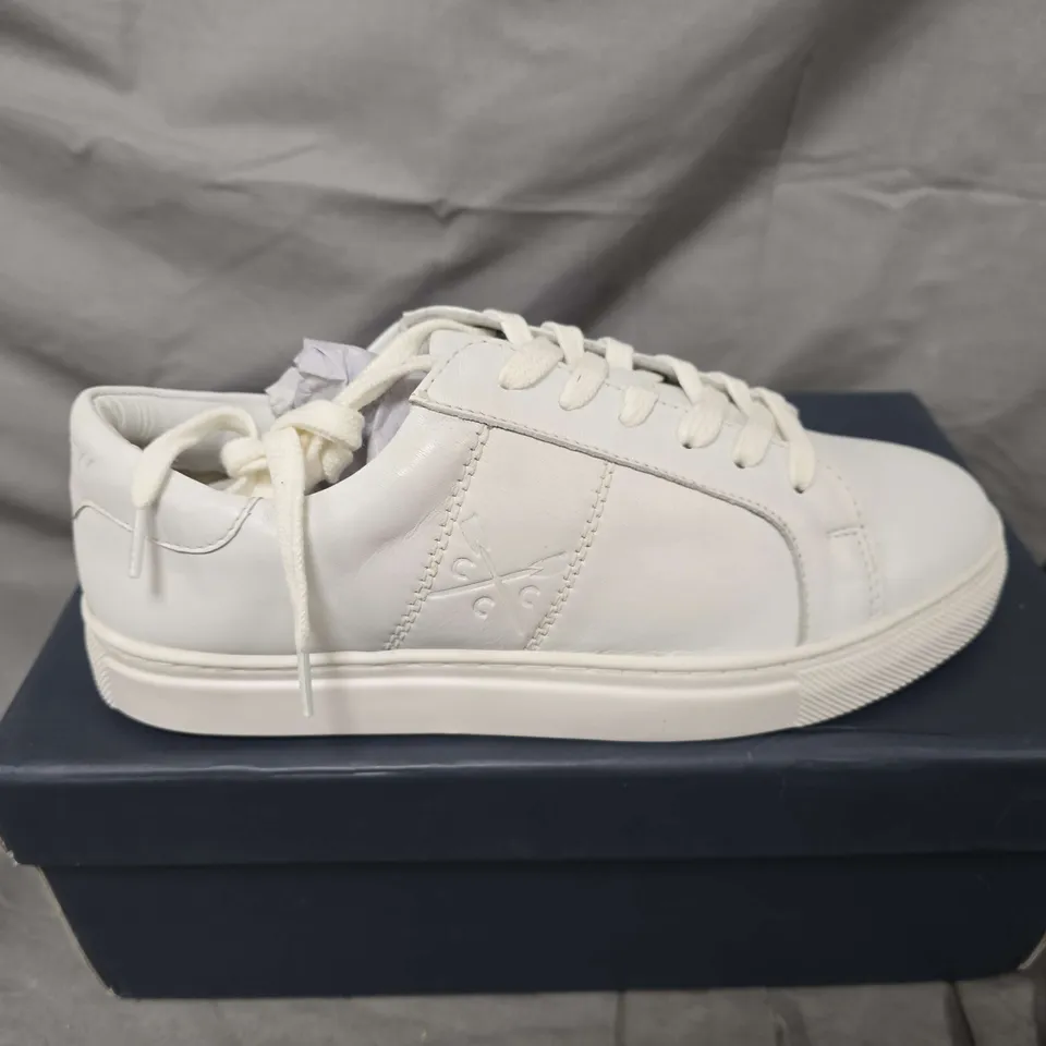 BOXED PAIR OF CREW CLOTHING COMPANY GIGI LEATHER TRAINERS IN WHITE - SIZE 38