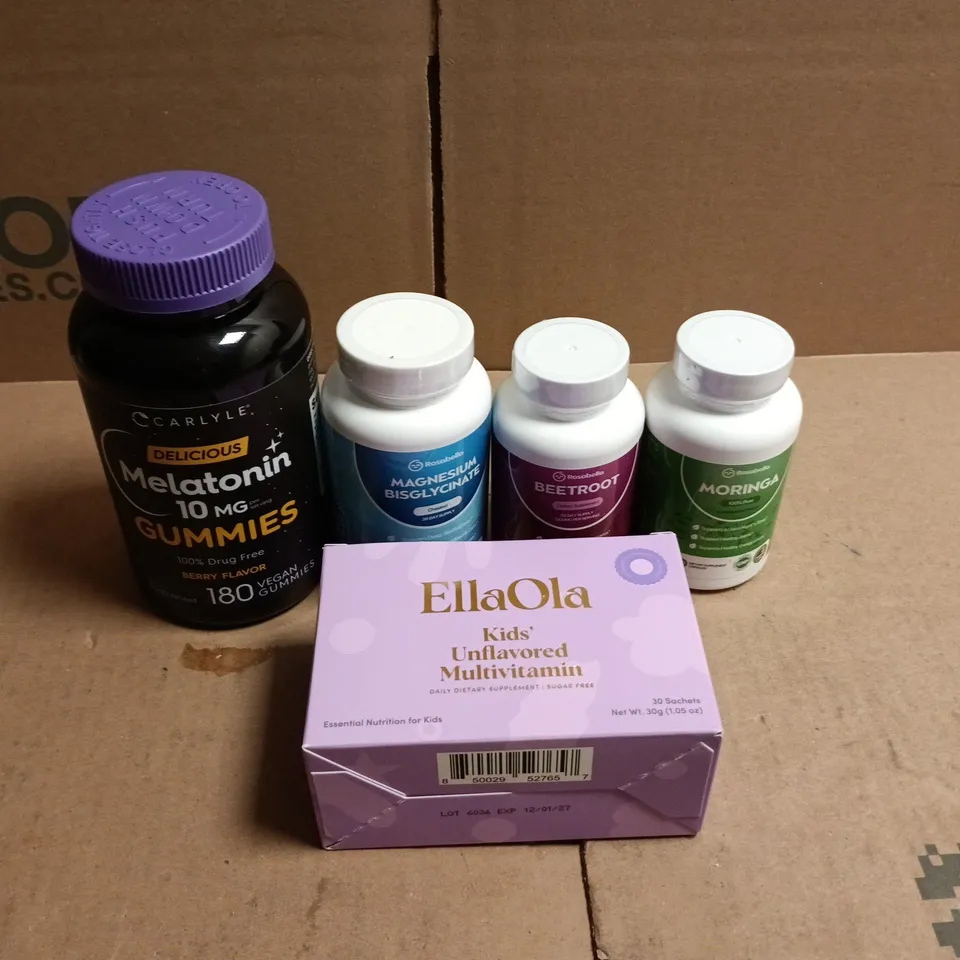 TOTE OF APPROXIMATELY 25 ASSORTED VITAMIN/SUPPLEMENT RELATED ITEMS TO INCLUDE ELLA OLA KIDS VITAMINS, MELATONIN GUMMIES, BEETROOT SUPPLEMENTS, MORINGA ETC