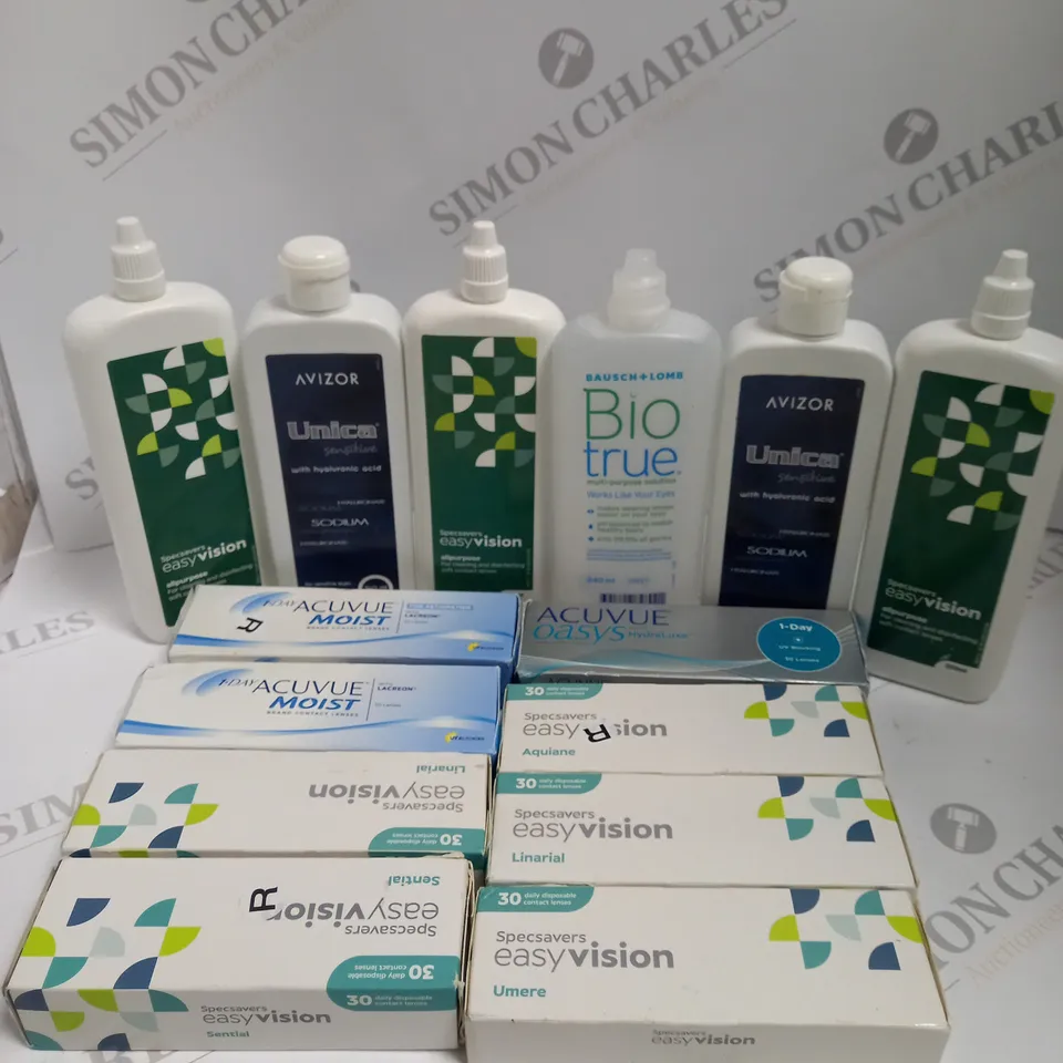 BOXED LOT TO CONTAIN APPROX. 25 X ASSORTED VISION CARE PRODUCTS. INCLUDES PACKS OF CONTACT LENSES & CONTACT LENSE CLEANING SOLUTION. BRANDS VARY