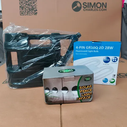 BOX OF APPROXIMATELY 20 ASSORTED ITEMS TO INCLUDE WATERING CAN, GARDEN SOLAR LIGHTS, 4 PIN FLUORESCENT LIGHT BULB ETC