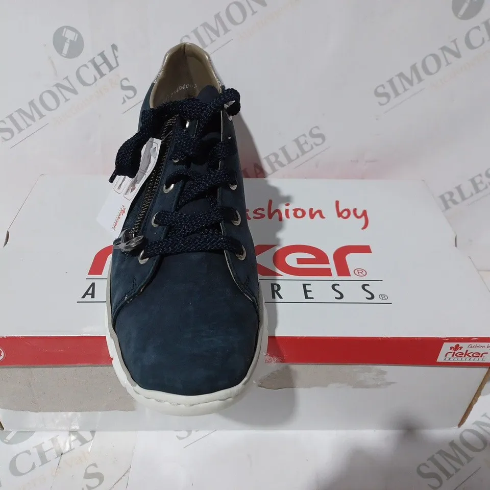 BOXED PAIR OF RIEKER WEDGE TRAINERS IN NAVY SIZE 6.5