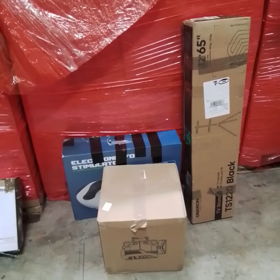 PALLET OF ASSORTED HOUSEHOLD GOODS AND PRODUCTS TO INCLUDE;FABRIC CLEANING MACHINE,FOOT MASSAGER,TV STAND
