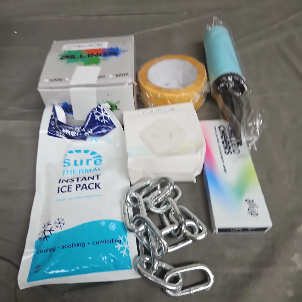 TOTE OF APPROXIMATELY 10 ASSORTED HOUSEHOLD ITEM TO INCLUDE ICE PACKS, TOILET STERILIZER AND AIR UP PODS