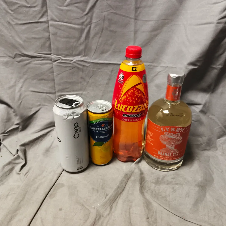 APPROXIMATELY 10 ASSORTED DRINKS ITEMS TO INCLUDE CANO WATER, LUCOZADE ENERGY, LYRE ORANGE SEC NON-ALCOHOLIC SPIRIT, ETC - COLLECTION ONLY