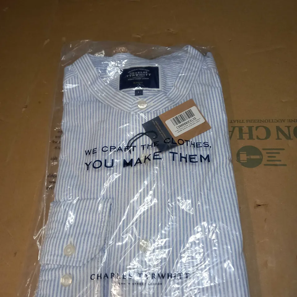 CHARLES TYRWHITT STRIPE SLIM FIT COLLARLESS SHIRT SIZE L