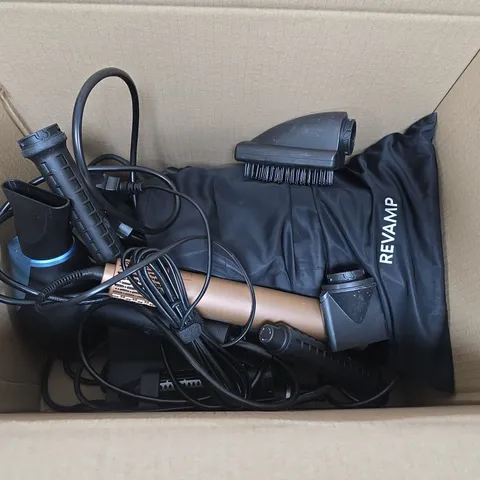 BOX OF ASSORTED UNBOXED HAIR STRAIGHTENERS , BRUSHES AND HAIR DRYERS 