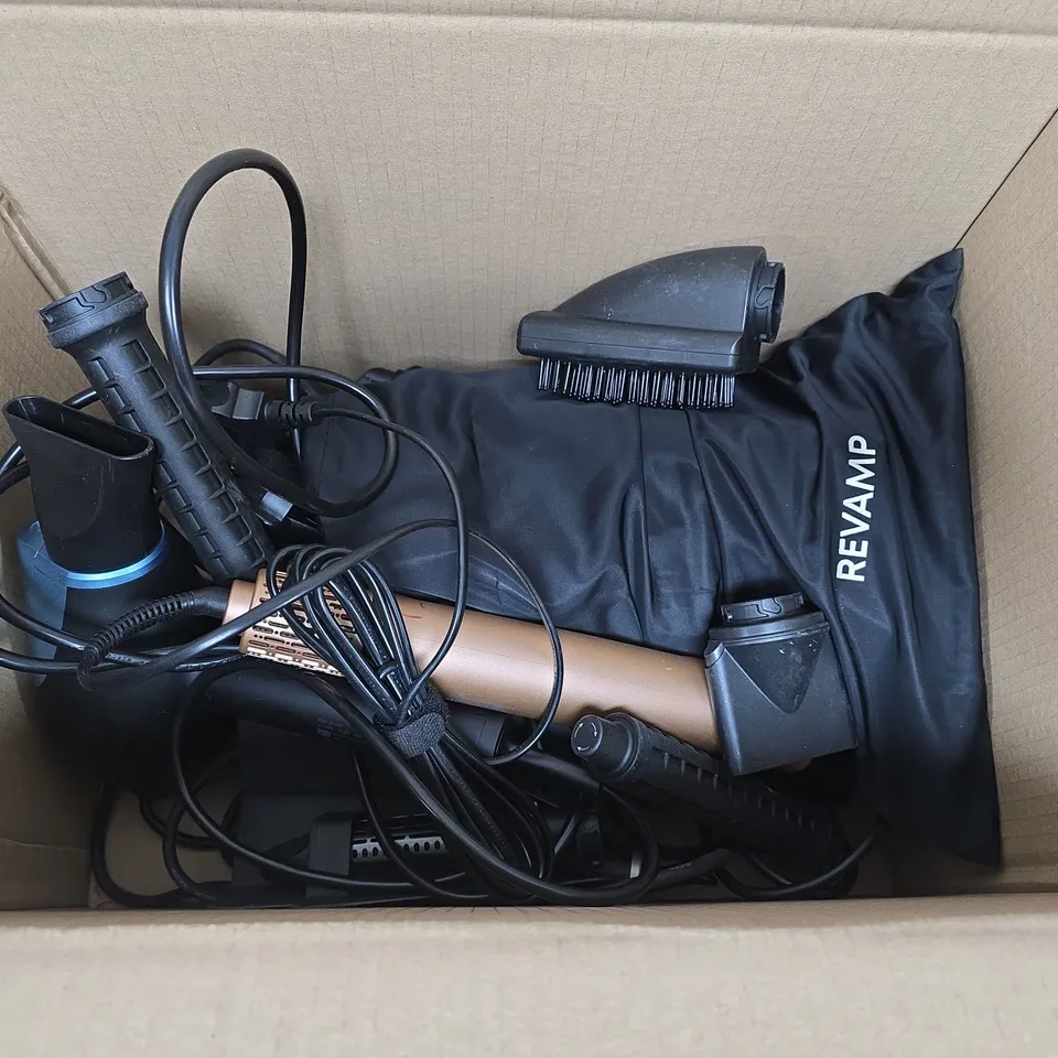 BOX OF ASSORTED UNBOXED HAIR STRAIGHTENERS , BRUSHES AND HAIR DRYERS 