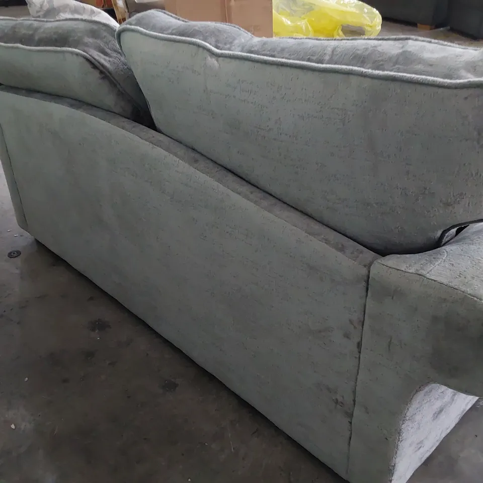 DESIGNER THREE SEATER SCROLL ARM SOFA SILVER FABRIC 