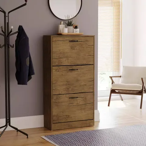 BOXED VIDA DESIGN 3 DRAWER SHOE CABINET - ANTIQUE BROWN
