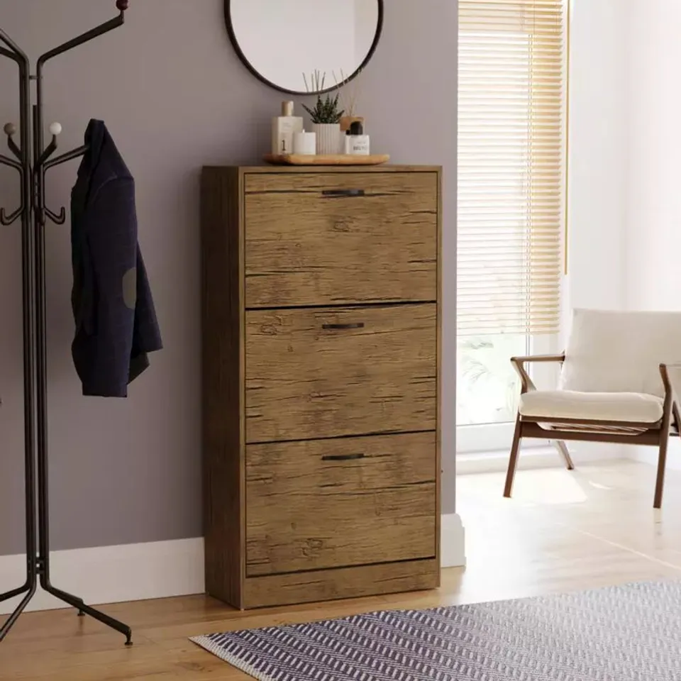 BOXED VIDA DESIGN 3 DRAWER SHOE CABINET - ANTIQUE BROWN