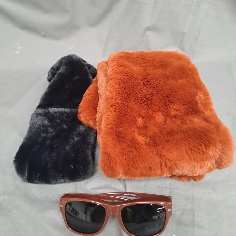 LARGE BOX OF ASSORTED ITEMS TO INCLUDE GLASSES, HEAD SCARFS AND PURSES