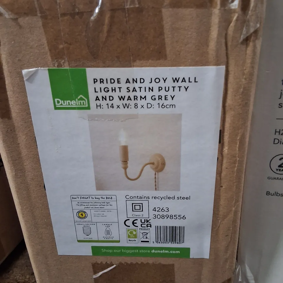 BOXED DUNELM PRIDE AND JOY WALL LIGHT – SATIN PUTTY & WARM GREY