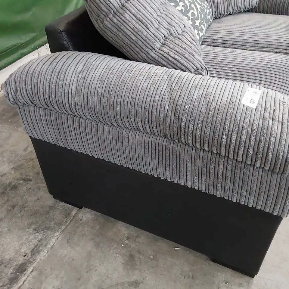 DESIGNER TWO SEATER SOFA WITH SCATTER CUSHIONS BLACK FAUX LEATHER & GREY JUMBO CHORD