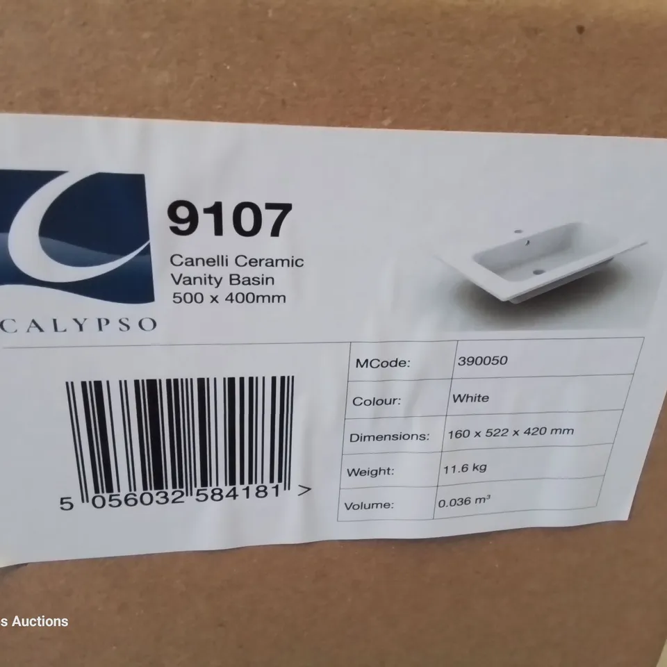 BOXED CANELLI CERAMIC SINGKE TAP VANITY BASIN WHITE 500 × 400mm