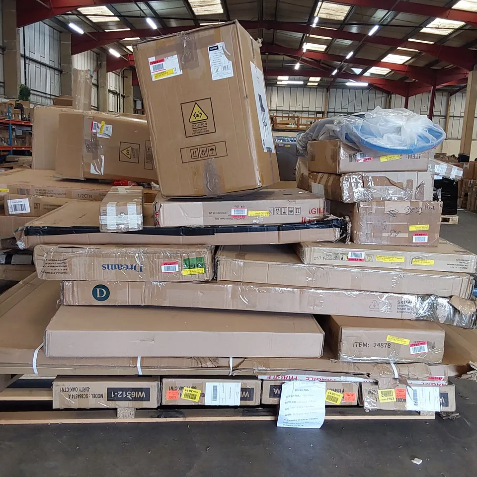 LARGE PALLET OF ASSORTED FURNITURE PARTS AND CONSUMER GOODS