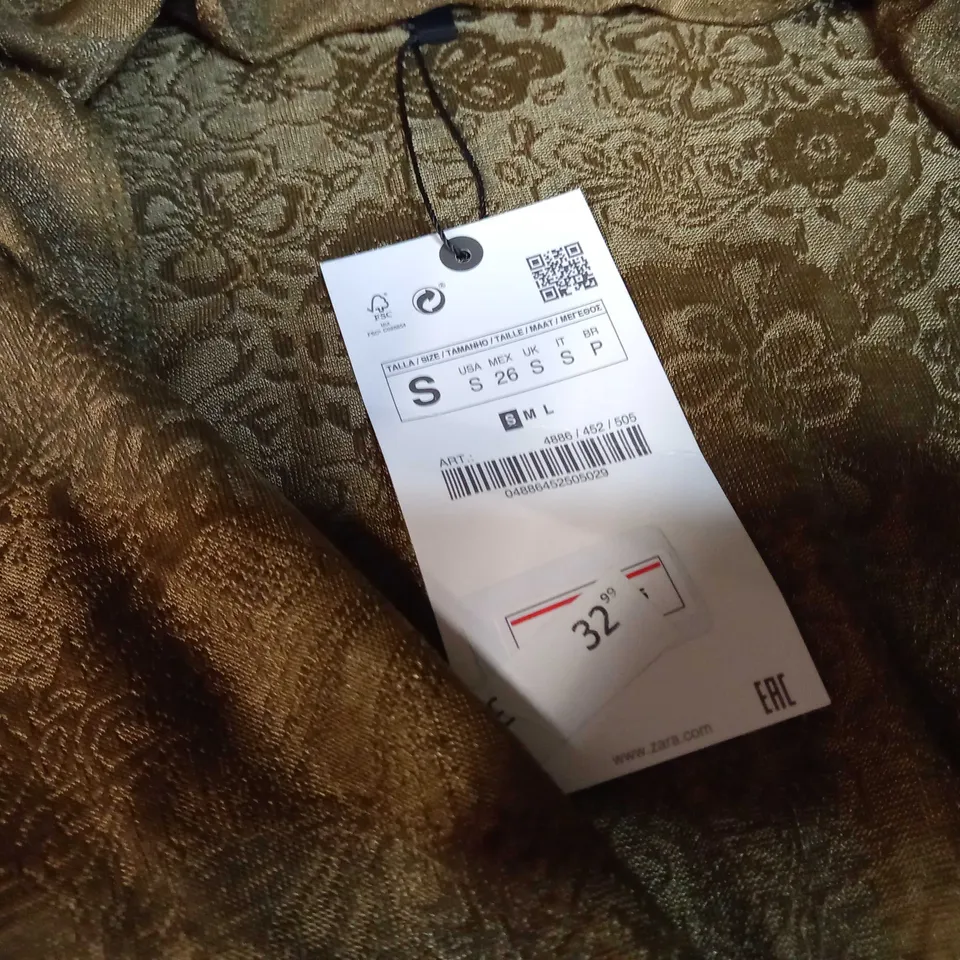 ZARA KHAKI TEXTURED WIDE SLEEVED PLUNGE MINI DRESS - SMALL