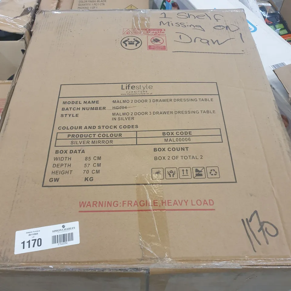 BOXED MALMO 2 DOOR 3 DRAWER DRESSING TABLE SILVER