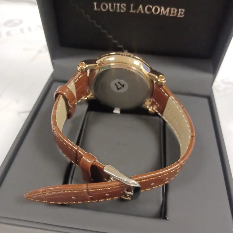 LOUIS LACOMBE CHRONOGRAPH ROMAN NUMERAL WAVE TRIPLE DIAL BROWN LEATHER STRAP WRISTWATCH 