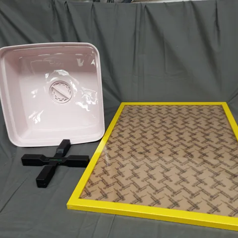 LARGE BOX OF ASSORTED HOUSEHOLD ITEMS TO INCLUDE PICTURE FRAMES, SPIRIT LEVEL AND PORTABLE SINK