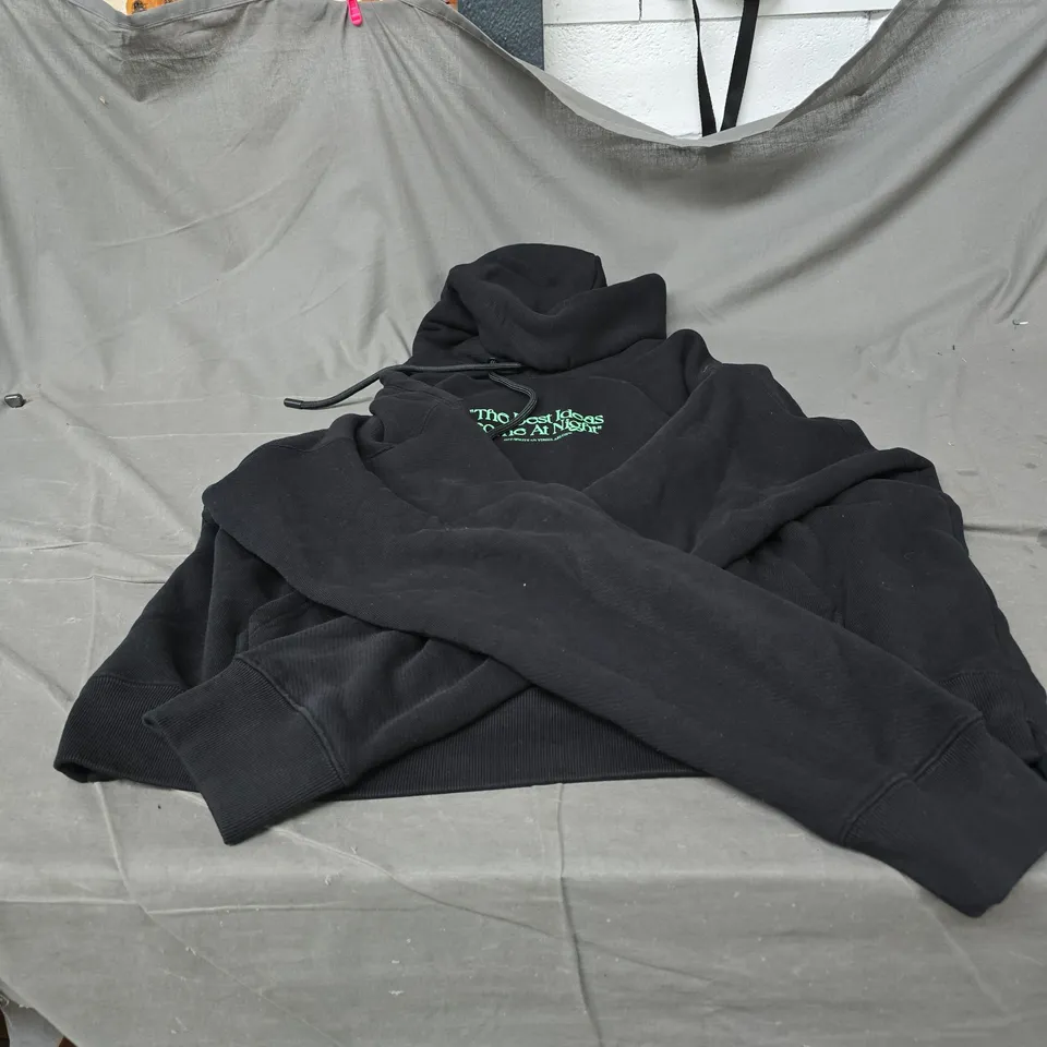 OFF-WHITE HOODIE – BLACK WITH SLOGAN "THE BEST IDEAS COME AT NIGHT" SIZE XL