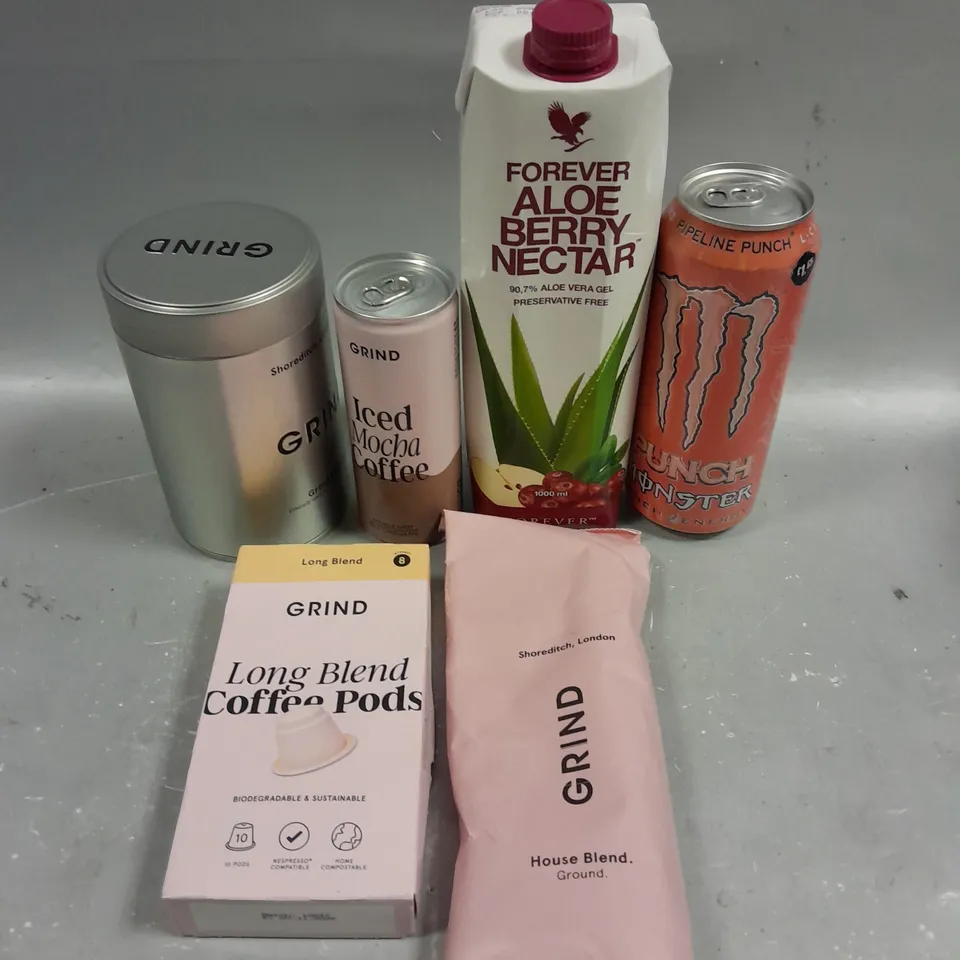 APPROXIMATELY 15 ASSORTED DRINK PRODUCTS TO INCLUDE ALOE DRINK, GRIND COFFEE, MONSTER ENERGY DRINK ETC 