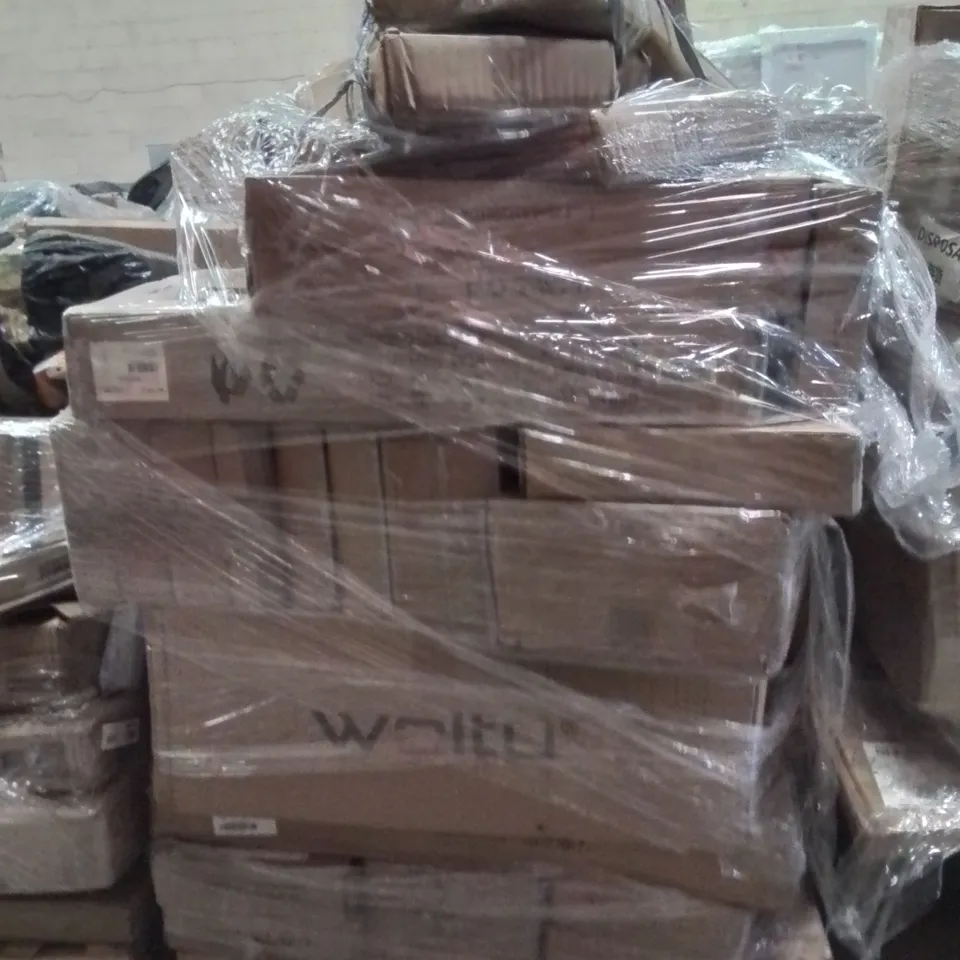 PALLET OF ASSORTED HOUSEHOLD GOODS AND PRODUCTS TO INCLUDE;FLOATING SHELVES,BOOKCASE,RETRACTABLE SAFETY GATE 