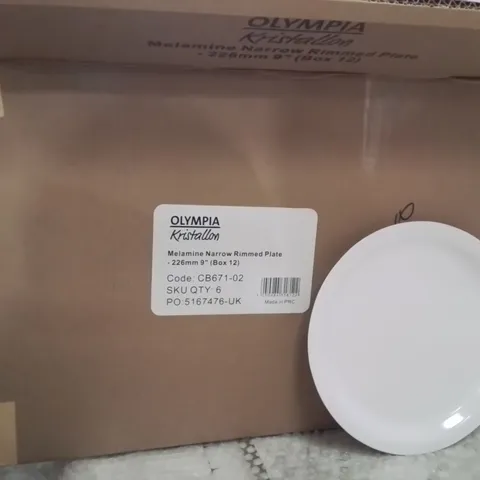 BOXED OLYMPIA MELAMINE NARROW RIMMED PLATE APPROXIMATELY 70 PER BOX