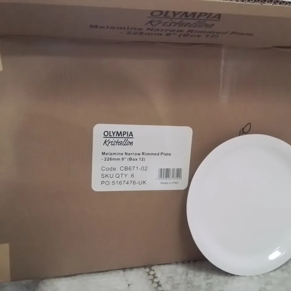 BOXED OLYMPIA MELAMINE NARROW RIMMED PLATE APPROXIMATELY 70 PER BOX