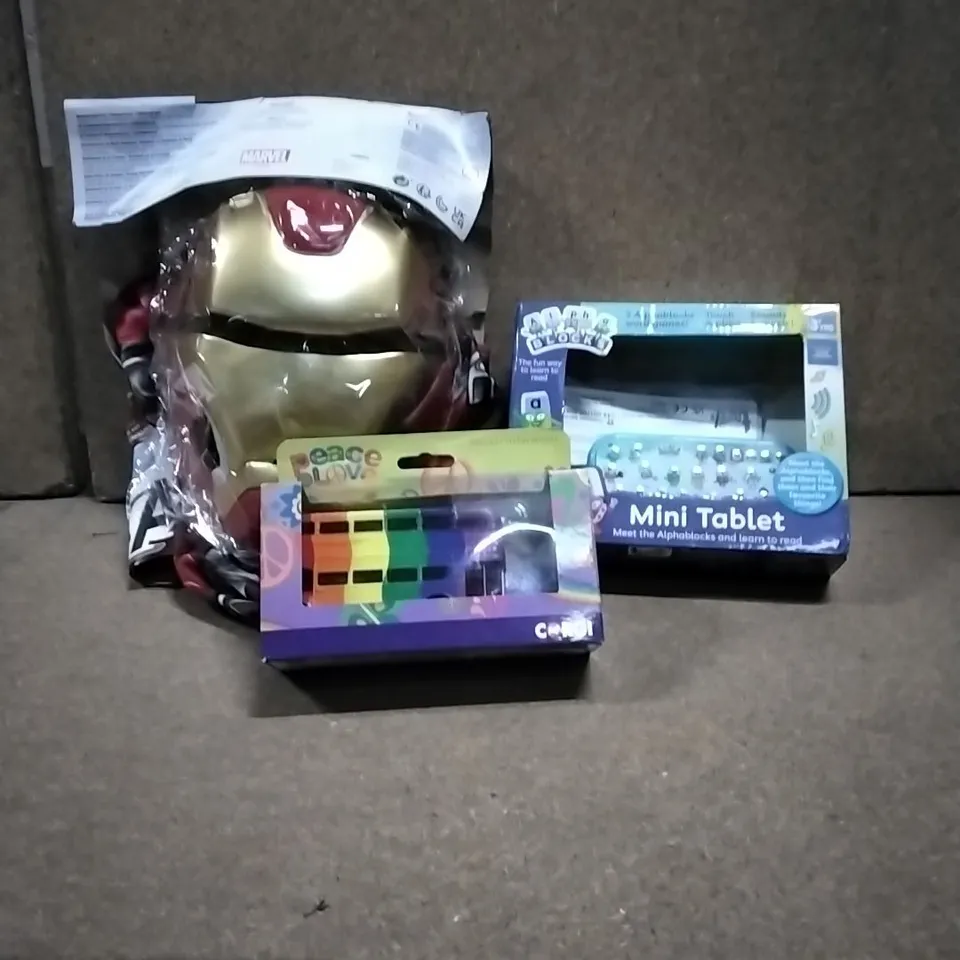 LOT OF VARIOUS ASSORTED HOUSEHOLD ITEMS TO INCLUDE: IRON MAN MASK, ALPHABLOCKS MINI TABLET, PEACE & LOVE MODEL BUS ETC