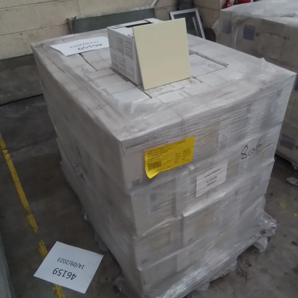 PALLET TO CONTAIN APPROX. 96 X PACKS OF JOHNSON BRAND NEW GLAZED WALL TILES IN MIMOSA SATIN - 25 TILES PER PACK // TILE SIZE: 197 X 197 X 6.5mm