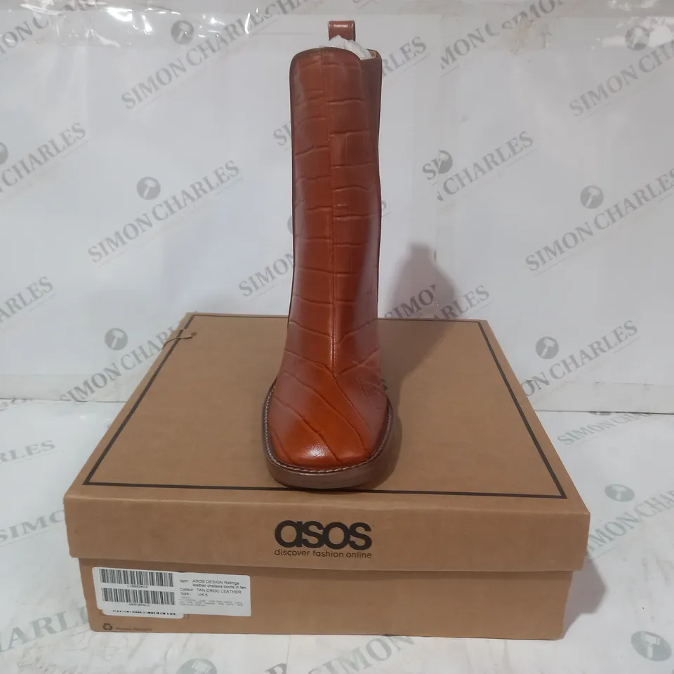 BOXED PAIR OF ASOS DESIGN CROC LEATHER CHELSEA BOOTS IN TAN UK SIZE 5