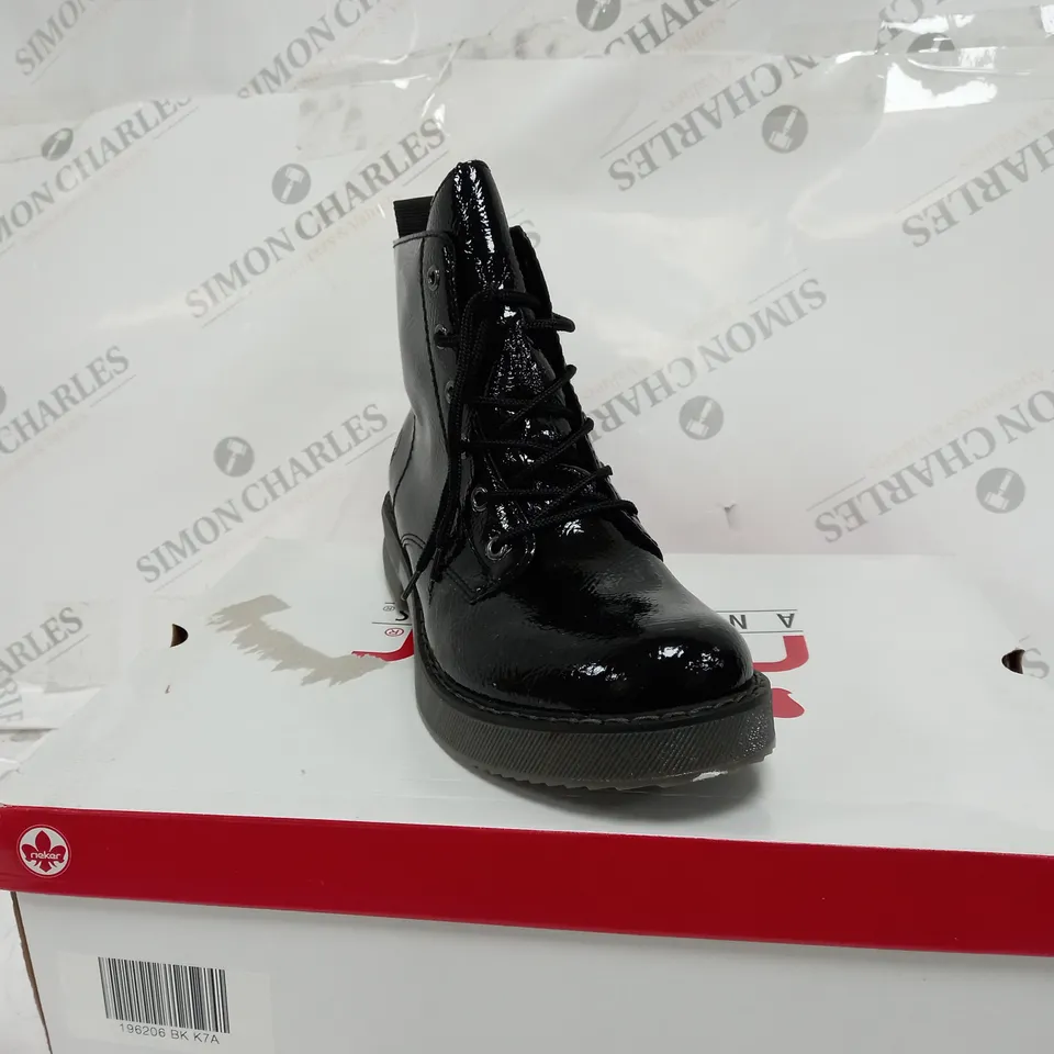 BOXED PAIR OF RIEKER LACE UP BOOTS IN BLACK - SIZE 7.5