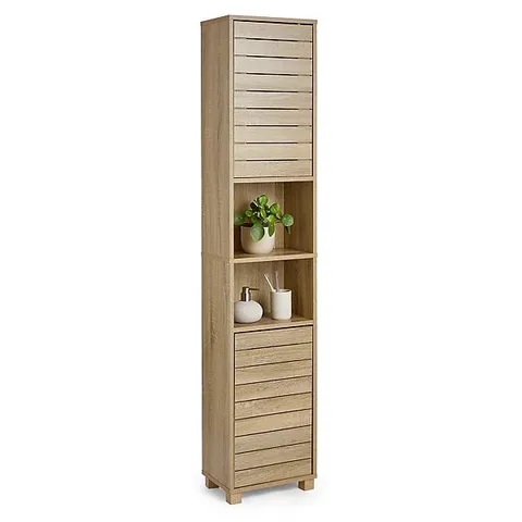 BOXED VONHAUS TALL BATHROOM CABINET, OAK WOOD EFFECT BATHROOM TALLBOY UNIT, SLATTED BATHROOM STORAGE FOR KITCHEN AND HALLWAY