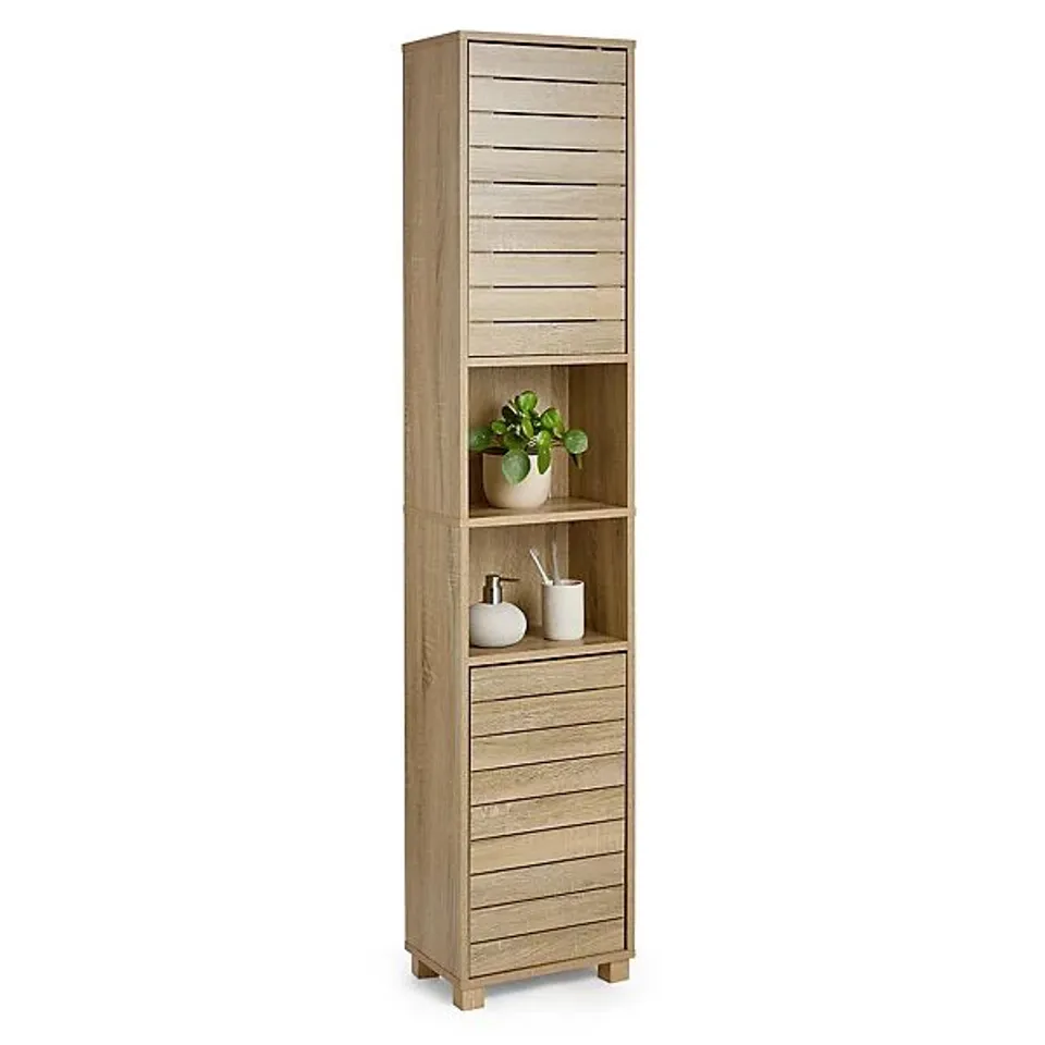 BOXED VONHAUS TALL BATHROOM CABINET, OAK WOOD EFFECT BATHROOM TALLBOY UNIT, SLATTED BATHROOM STORAGE FOR KITCHEN AND HALLWAY