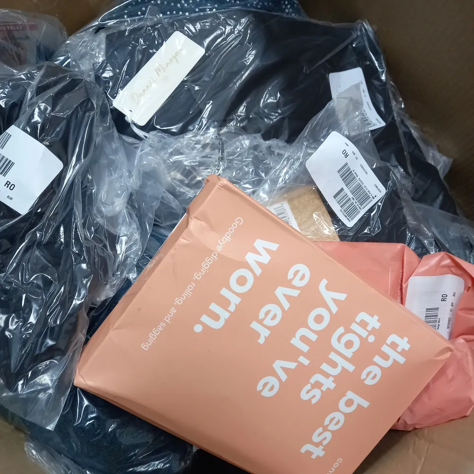 BOX OF ASSORTED CLOTHING ITEMS TOO INCLUDE TOPS , JUMPERS, AND PANTS ETC. 