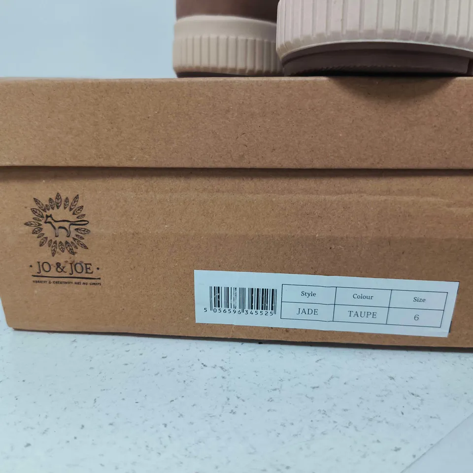 BOXED PAIR OF JO & JOE JADE TAUPE WOMEN'S ANKLE BOOTS – UK SIZE 6